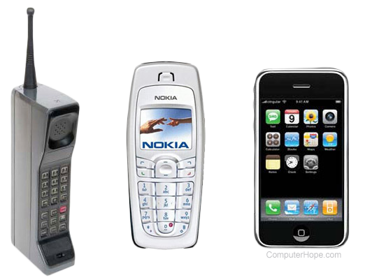 Evolution of cell phones from old brick phone, to nokia phone, to Apple iPhone.